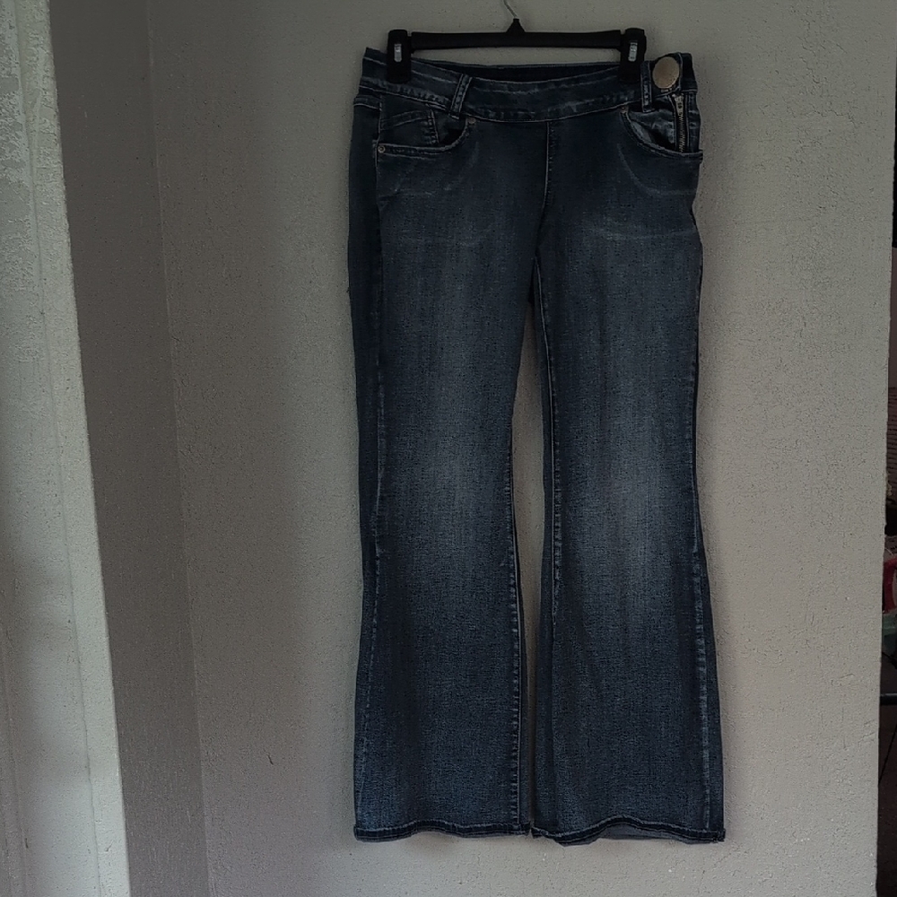Women's Blue Jeans Flamingo Pull On Y2K Style Pant 30x30 Flare Med Wash